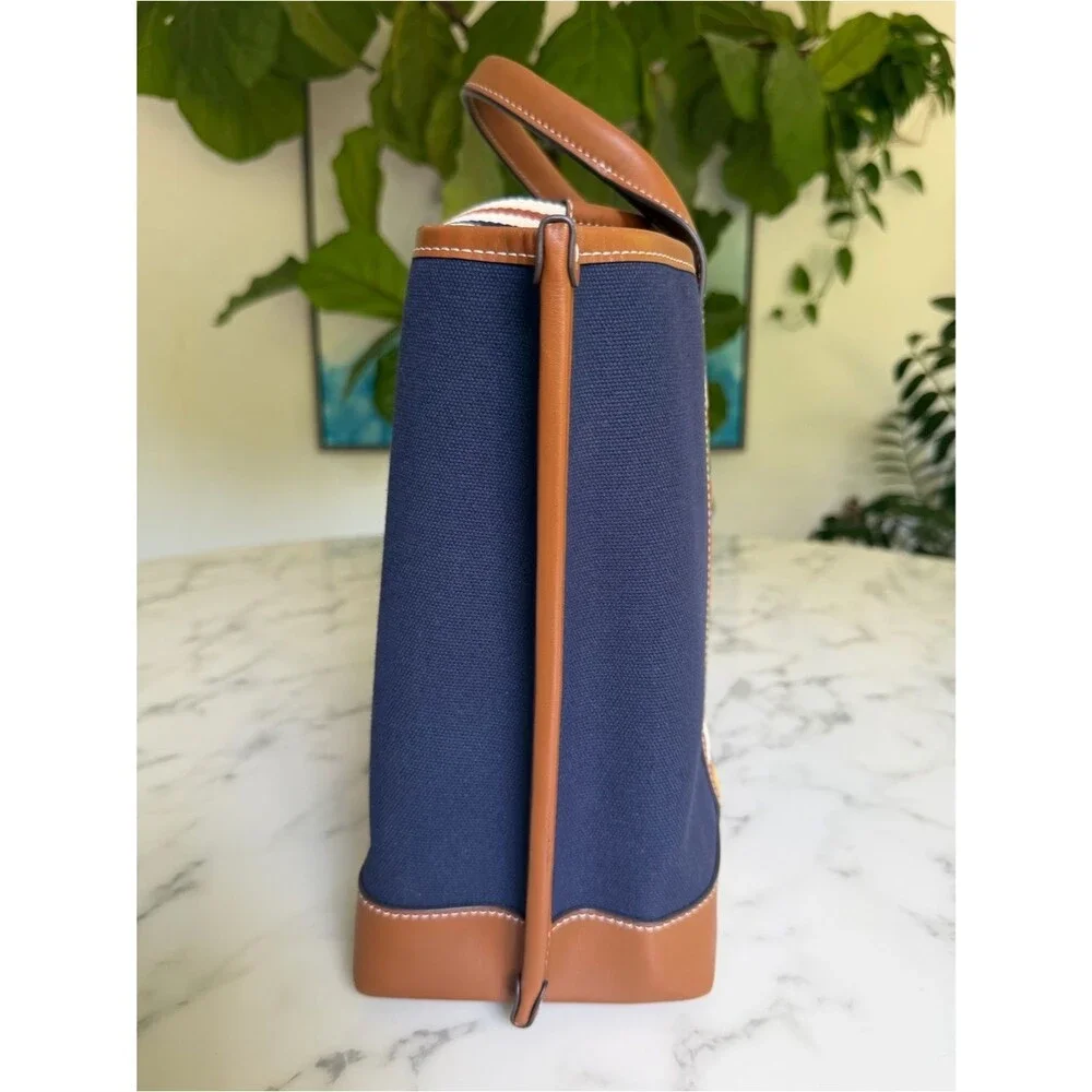 Tory Burch Perry Navy Multi Stripe Canvas Leather Triple Compartment Tote